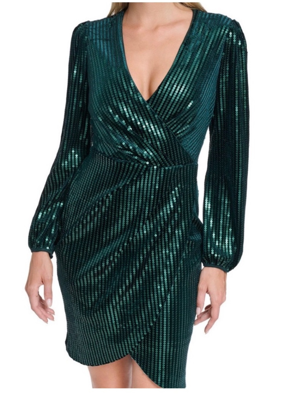 Calvin Klein NWT Emerald Green Sequin Faux Wrap Long Sleeve Cocktail Dress